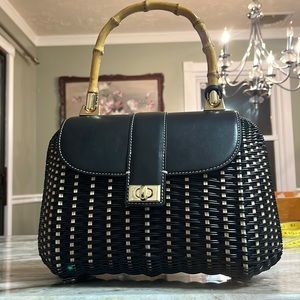 J. McLaughlin Black Bamboo Woven Wicker Picnic Satchel